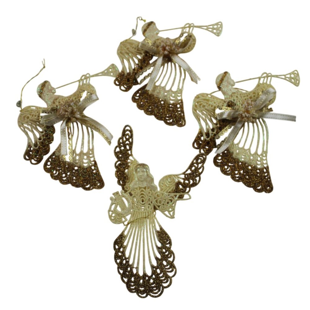 Vintage Angel Christmas Ornament Lot of 4 Ivory Gold Glitter Trumpeting Holiday